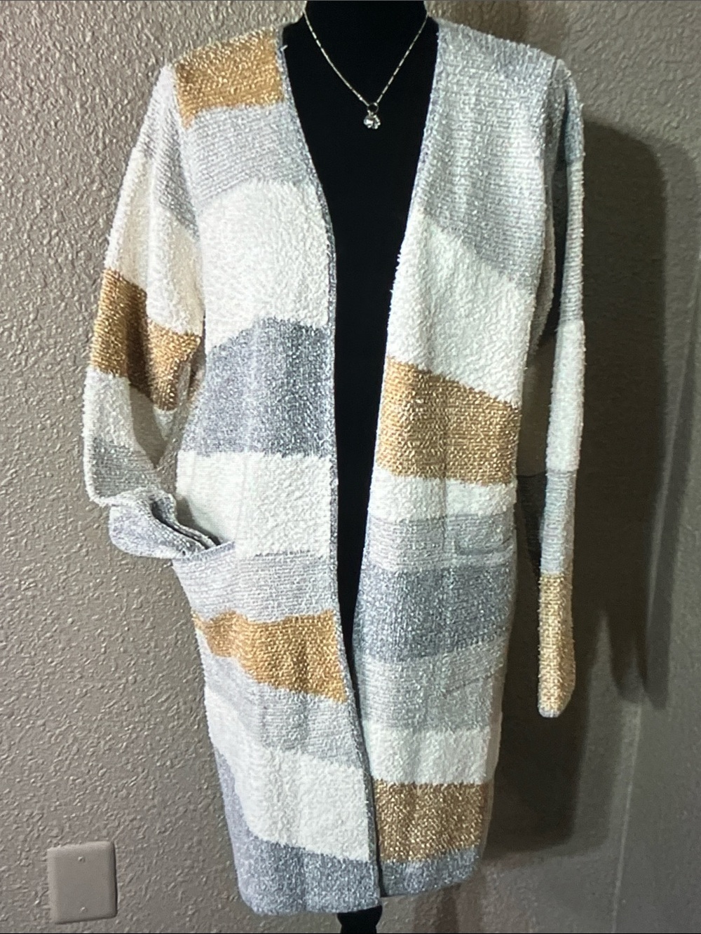 Cozy Open-Front Striped Cardigan in Cream, Gray & Gold